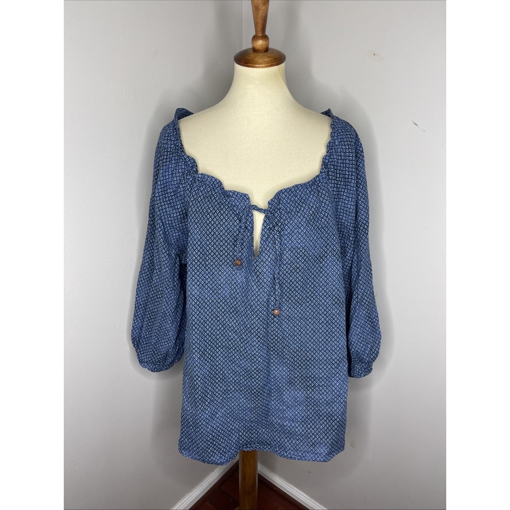 Ann Mashburn‎ Blue Linen Cotton Popover Blouse Large L
